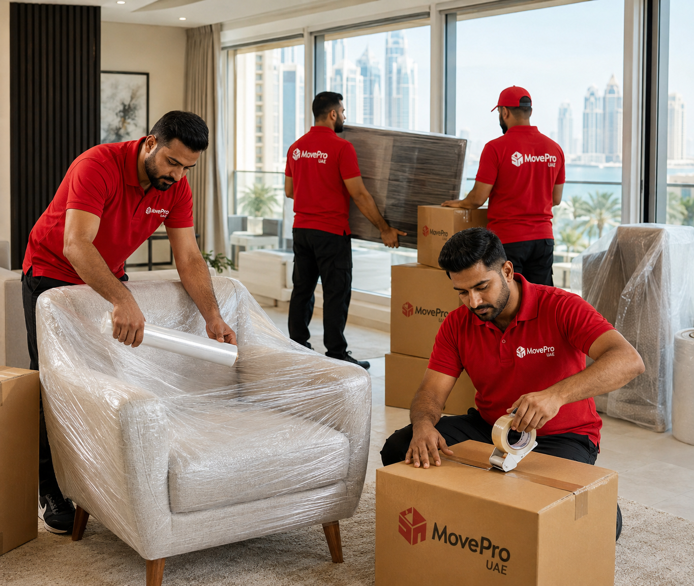 Movers protecting and preparing furniture before transport in Dubai