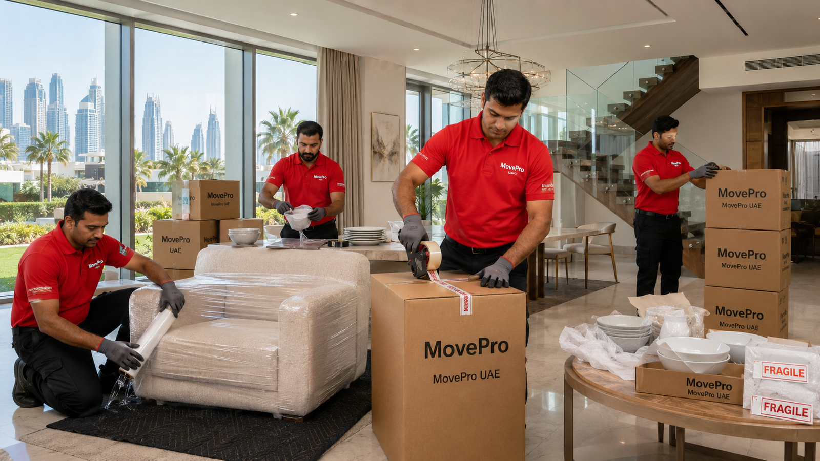 Professional movers loading household furniture
