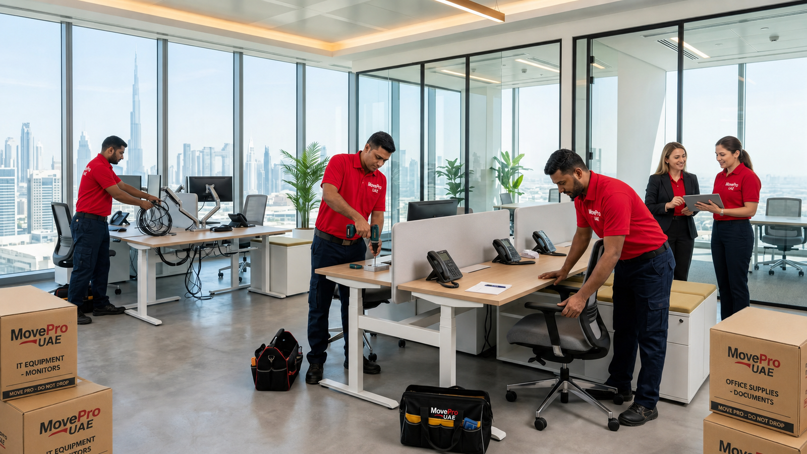 Professional office relocation service by MovePro UAE in a modern Dubai office