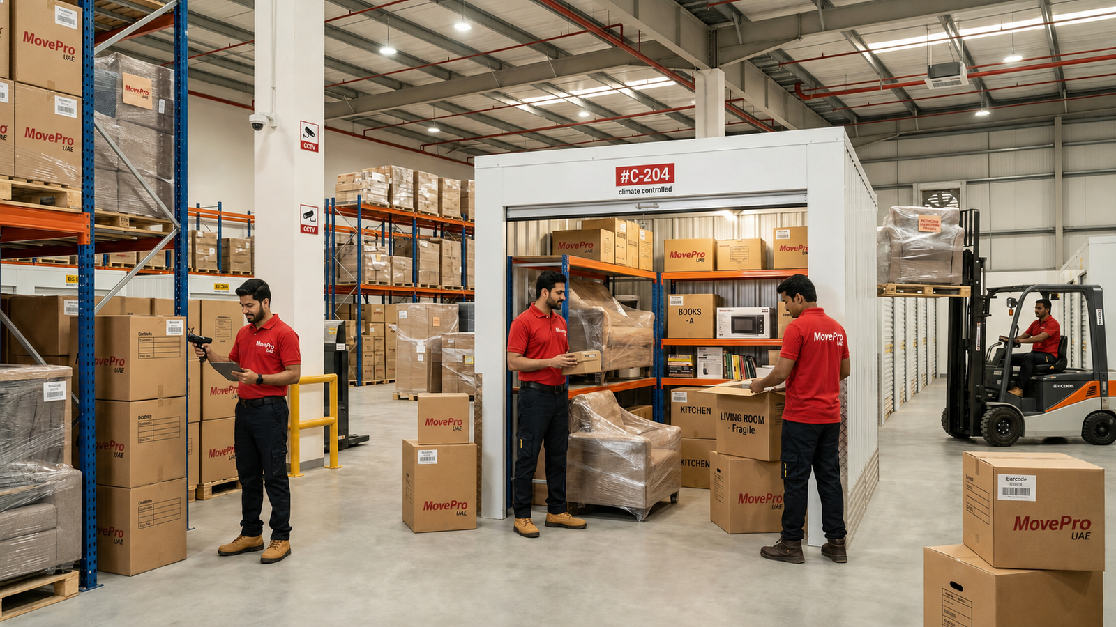MovePro UAE team securely storing household furniture in a professional storage facility