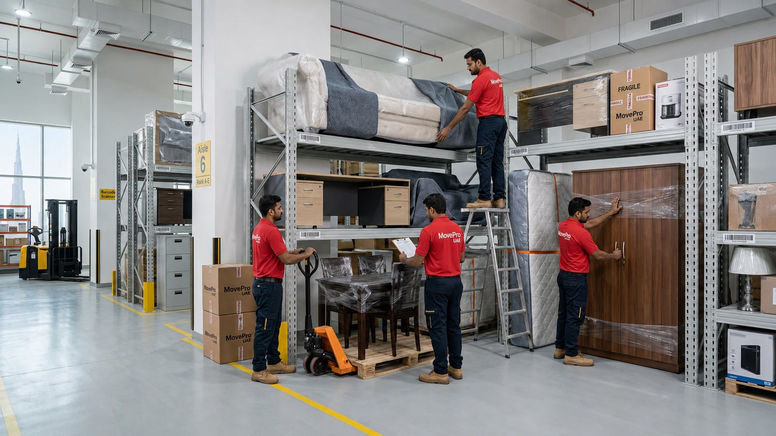 Organised furniture and labelled boxes inside MovePro UAE storage warehouse