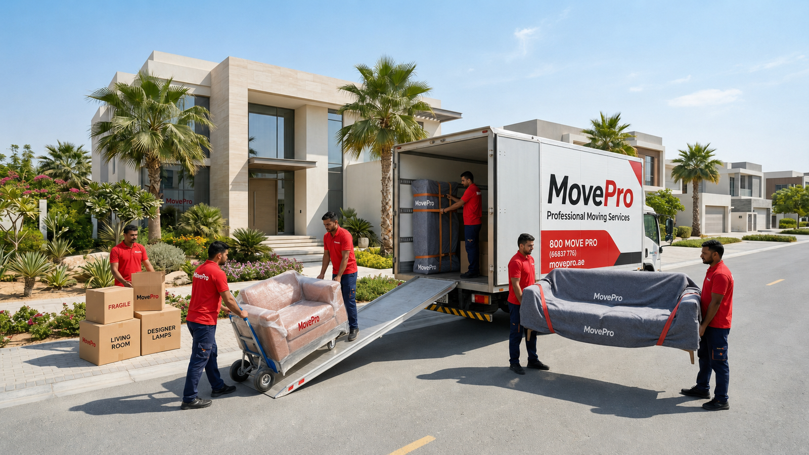 MovePro UAE team loading luxury villa furniture onto a moving truck